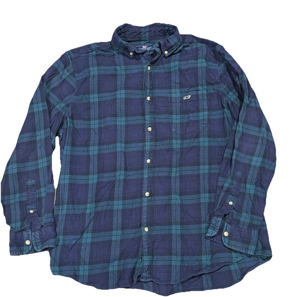 Vineyard Vines Flannel Shirt Mens Large Blue Green Plaid Classic Fit Tucker